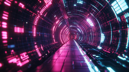 3d illustration of abstract futuristic tunnel corridor with glowing neon lights.の写真素材