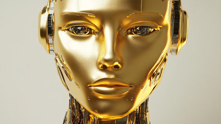 Golden female robot face. 3d rendering, 3d illustration.の写真素材