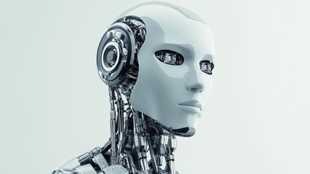 3d rendering humanoid robot or cyborg working on isolated white backgroundの写真素材