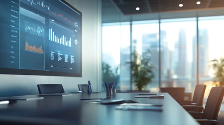 Modern conference room interior and financial chart on screen. 3D Rendering