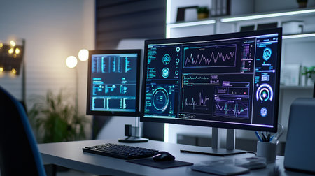 Futuristic interface on computer monitor in modern office. 3d rendering