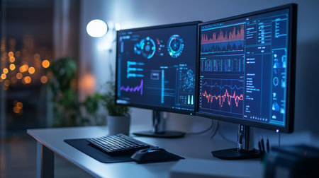 Monitor with stock market data on the table. Business and finance concept