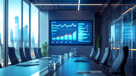 Modern conference room interior with financial charts and graphs on the wall. 3D Renderingの写真素材