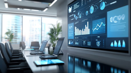 Modern conference room interior with financial charts and graphs. 3d rendering
