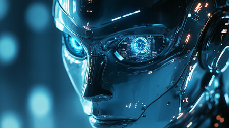 Close up view of futuristic male robot head. 3D Rendering