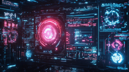 Futuristic HUD interface in blue and red colors. 3d rendering