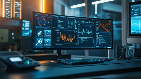 Modern computer monitor with stock market data on the screen. 3d rendering