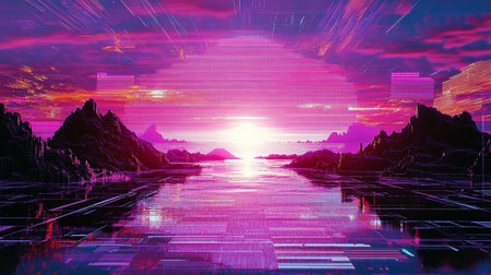 Futuristic landscape with mountains and the sun. 3d renderingの写真素材
