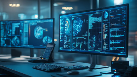 Close-up of modern computer monitors with graphic user interface. Technology concept