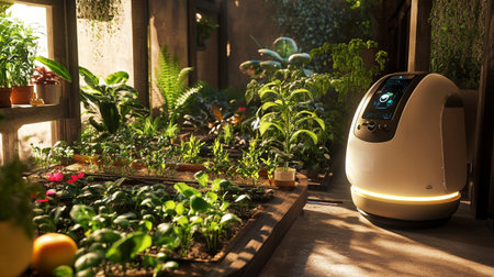 Modern air purifier in the garden at home. Smart home technology.の写真素材