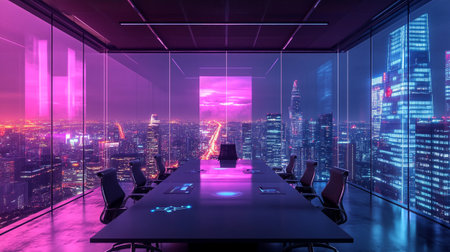 Interior of modern meeting room with night city view, 3D renderingの写真素材