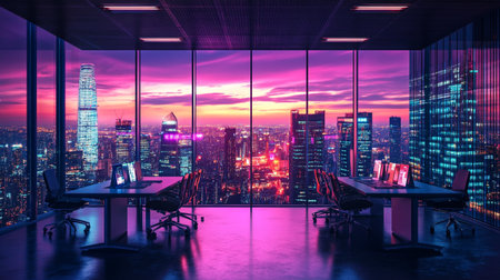 Modern office interior with skyscrapers and city view. Mixed mediaの写真素材