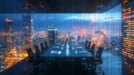 Modern conference room interior with night city view. 3D Renderingの写真素材