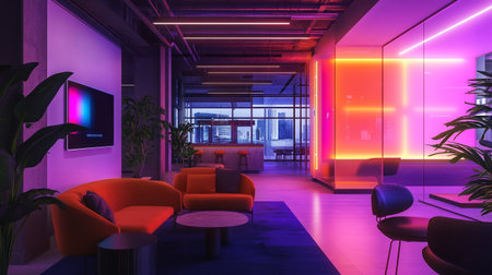 3D rendering of a modern hotel lobby interior with orange armchairs