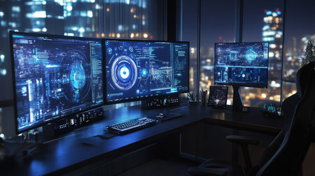 security system on monitor in modern office with night city view 3D rendering