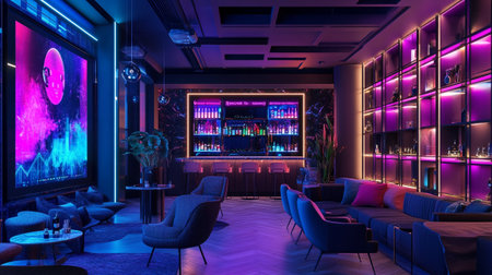Interior of a night club with neon lights. 3D rendering