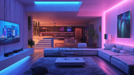 3D rendering of the interior of a modern living room with a TV set