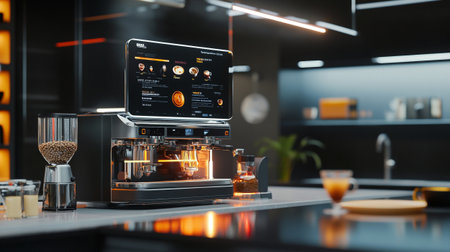 Coffee machine making espresso in modern kitchen. 3d renderingの写真素材