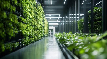 Greenhouse with rows of plants in a row. 3d rendering