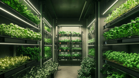 Greenhouse with rows of plants in neon light. 3d rendering