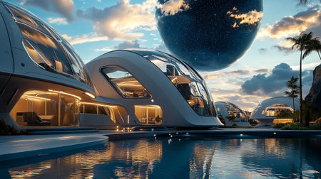 3D render of a futuristic building in the tropics at dusk