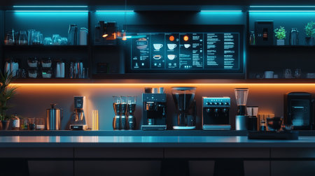 3d rendering of a coffee shop with black and orange lights.の写真素材