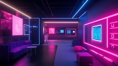 3D rendering of a futuristic room with neon lights and a sofa