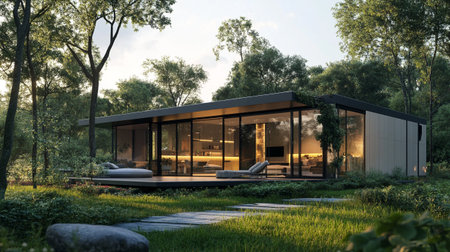 Modern villa in a summer evening. 3d rendering. Green gardenの写真素材