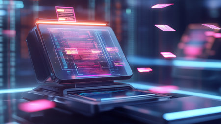 Close up of a laptop with a binary code on the screen. 3d renderingの写真素材