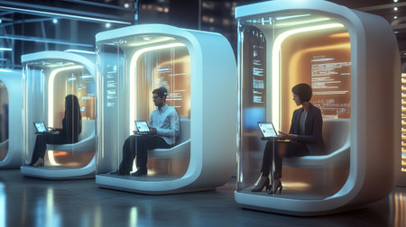 Business people working on laptops in a futuristic office. 3d renderingの写真素材