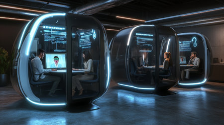Business people working in modern office with hologram screens. 3d renderingの写真素材
