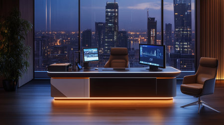 Contemporary office interior with night city view. 3D Rendering