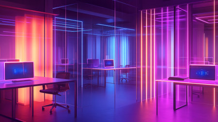 3D rendering of a modern office interior with neon lights and equipmentの写真素材
