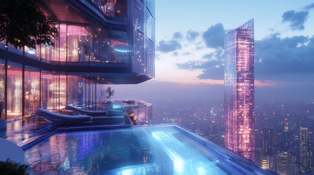 3d rendering of modern skyscrapers and high-rise buildings at night
