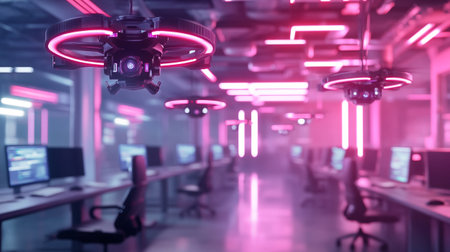 3d rendering of flying drone in a modern office with neon lights