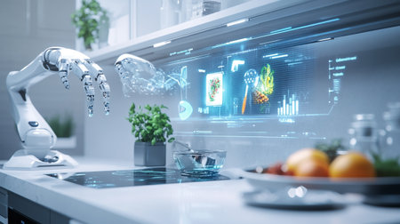 Futuristic robot arm in modern kitchen interior. 3D renderingの写真素材