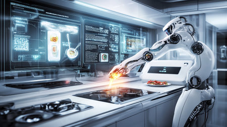 Robot in modern kitchen. Mixed media.の写真素材