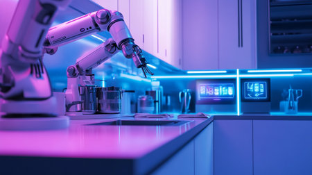 Robot working in laboratory. 3d rendering toned image.