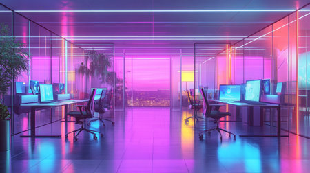 Modern office interior with city view, 3d rendering. Computer digital drawing.
