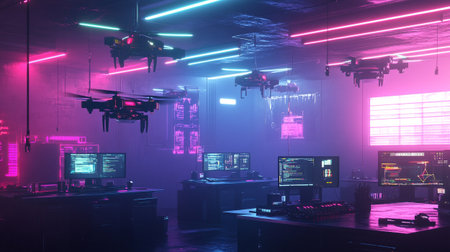 3D rendering of a futuristic sci-fi background with neon lights