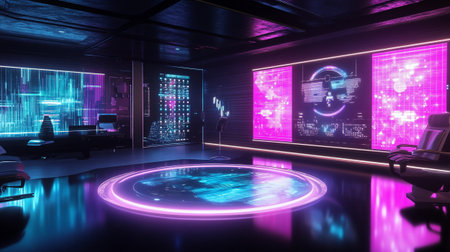 Futuristic interior of a room with neon lights. 3d rendering