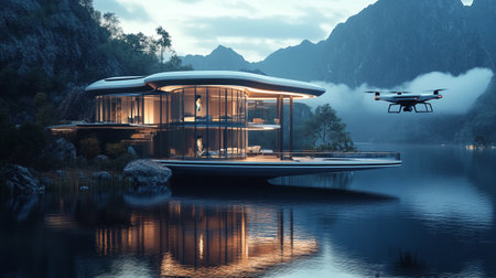 3D rendering of a luxury house on the water with a flying drone