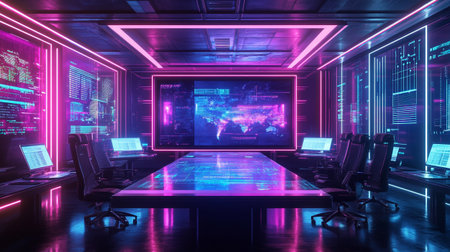 3d rendering of futuristic server room with neon lights and cyber space