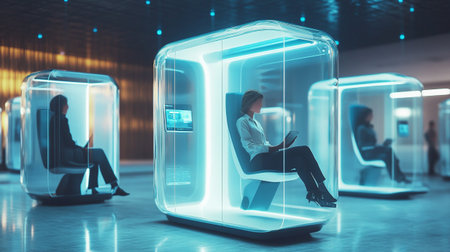Businesswoman using tablet in futuristic interior. 3D rendering toned image double exposure