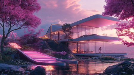 3d render of modern house by the lake at sunset time.