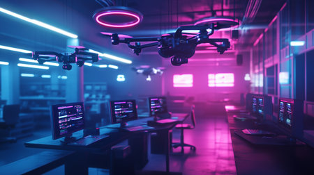 Drone flying in blue and red neon light. 3d rendering