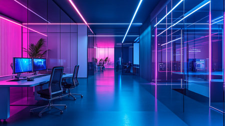 3d render interior of modern office with blue and purple neon lightsの写真素材