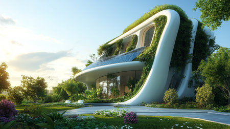 Exterior view of modern architecture in the garden at sunset time.の写真素材