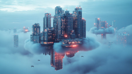 Futuristic city with skyscrapers in the clouds, 3d render