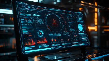 Industry 4.0 technology concept. Futuristic virtual graphic touch user interface showing automation...